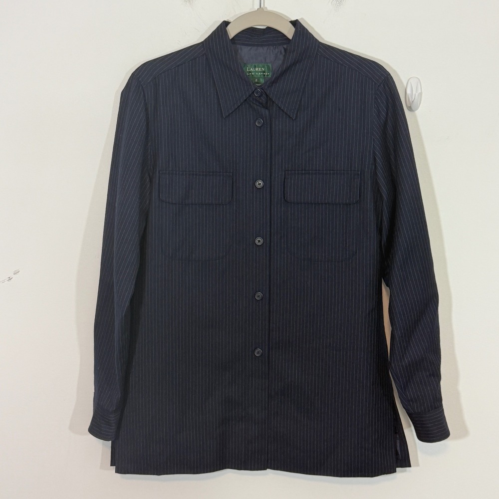 Lauren Ralph Lauren Womens Shirt Jacket 8 Navy Pinstripe Wool Dark Academia